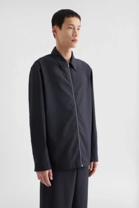 Camicia in popeline di lana con chiusura a zip