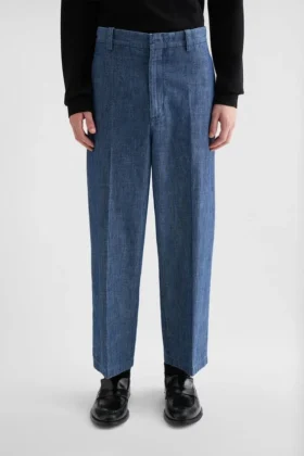 Pantaloni affusolati in chambray di cotone